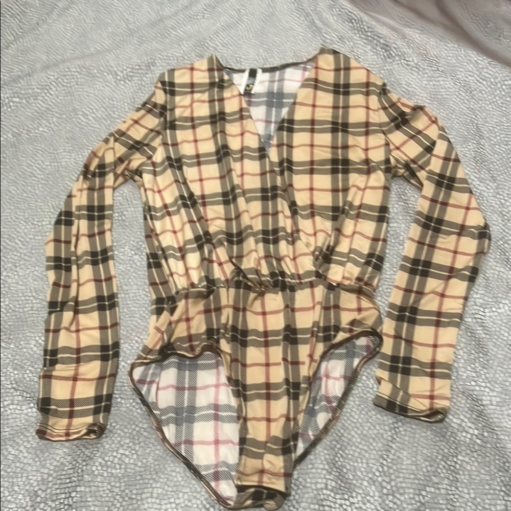 Plaid Tan and Black V-Neck Bodysuit